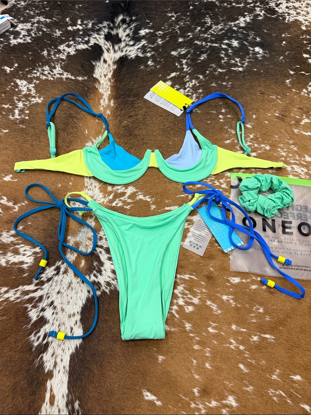 ONEONE Colorblock Lime & Aqua String Bikini with Blue Accents